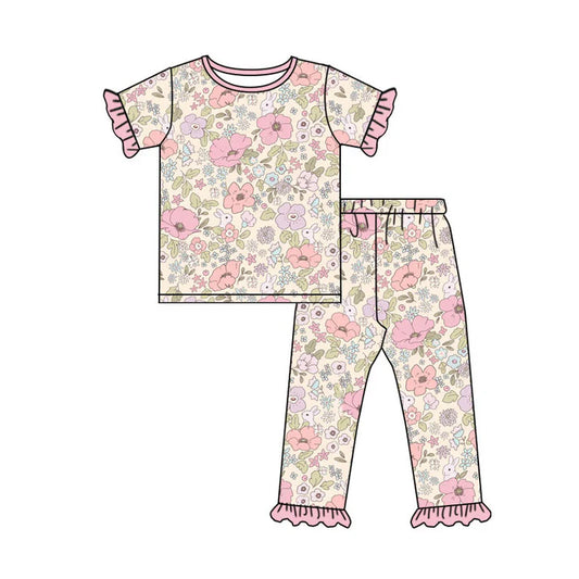 Preorder (moq 8)Baby Girls Flowers Rabbits Top Ruffle Pants Easter Pajamas Sets 9.17