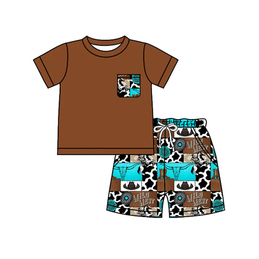 Preorder moq 5 Baby Boys Brown Short Sleeves Pocket Top Bull Skull Cow Print Short Set 4.17