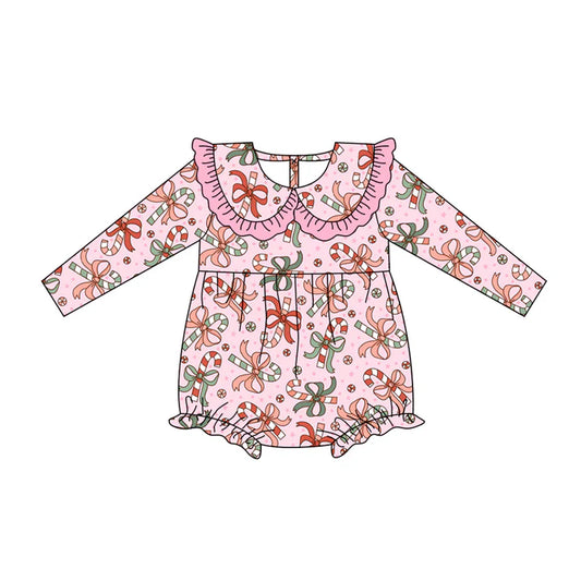 Preorder (moq 5)Baby Girls Long Sleeves Pink Bows Candy Cane Ruffle Romper 7.3