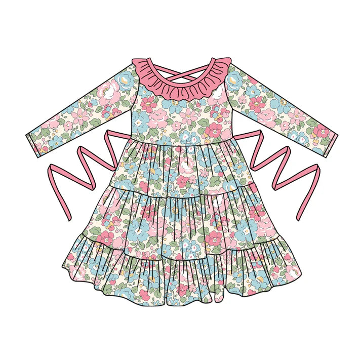 Preorder moq 5 Baby Girls Long Sleeves Pink Floral With Belt Ruffle Knee Length Dresses 5.7