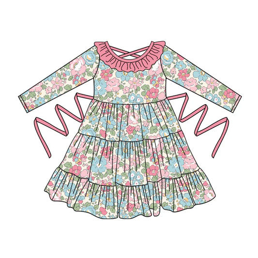 Preorder moq 5 Baby Girls Long Sleeves Pink Floral With Belt Ruffle Knee Length Dresses 5.7