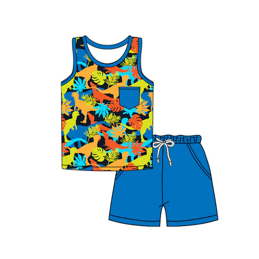 Preorder moq 5 Baby Boys Blue Sleeveless Colorful Dinosaurs Pocket Top Short Set 4.14