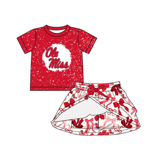 Preorder (moq 5)Baby Girls Red Short Sleeves Ole Miss Bows Top Bows Plaid Skorts Team Set 6.14