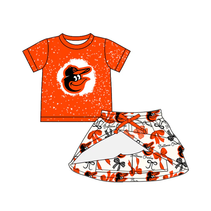 Preorder (moq 5)Baby Girls Orange Short Sleeves Baltimre Top Bows Plaid Skorts Team Set 6.19