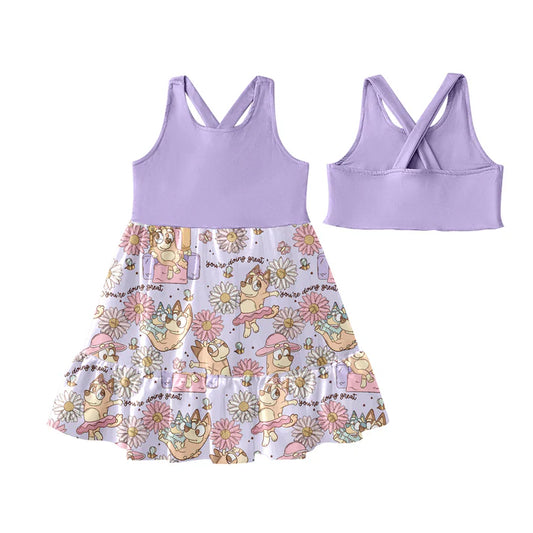 Preorder (moq 5)Baby Girls Lavender Sleeveless Colorful Dogs Floral Patchwork Knee Length Dress 4.25
