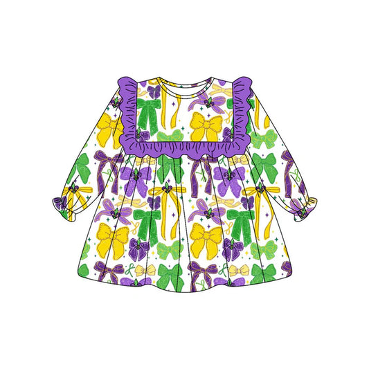 Preorder (moq 8)Baby Girls Purple Yellow Green Bows Stars Mardugras Knee Length Dresses 9.11