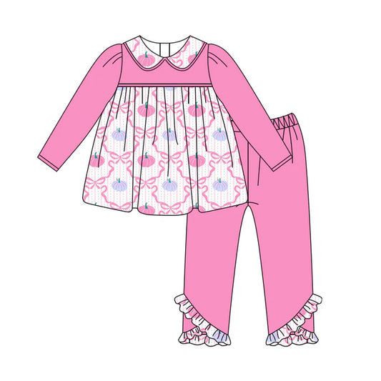 Preorder (moq 5)Baby Girls Pink Long Sleeves Bows Pumpkins Plaid Tunic Ruffle Pant Set 6.3