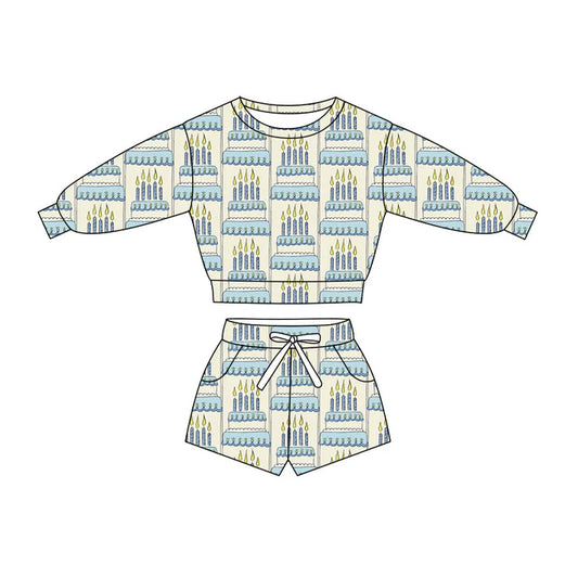Preorder(moq 5) Baby Boys Blue Happy Birthday Day Cakes Long Sleeve Pockets Shorts Clothes Sets 10.27