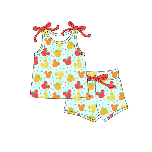 Preorder moq 5 Baby Girls Bows Sleeveless Cartoon Mouse Lemons Top Short Set 4.16