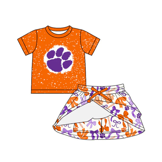 Preorder (moq 5)Baby Girls Orange Short Sleeves Purple Pawl Top Bows Plaid Skorts Team Set 6.14