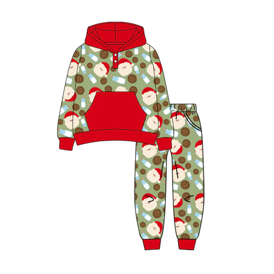 Preorder (moq 5)Baby Boys Green Long Sleeves Santa Milk Button Pockets Hoodies Top Legging Pants Set 7.1
