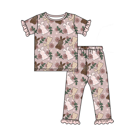 Preorder (moq 5)Baby Girls Leopard Rabbits Top Ruffle Pants Easter Pajamas Sets 12.16