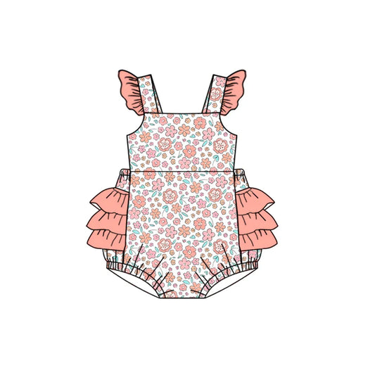Preorder moq 5 Baby Girls Pink Flutter Sleeves Floral Bubble Ruffle Rompers 4.17