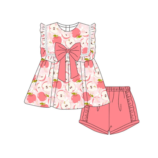 Preorder moq 5 Baby Girls Peach Sleeveless Apples Bow Tunic Ruffle Short Set 4.19