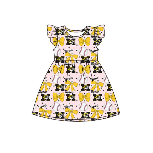 Preorder (moq 5)Baby Girls Flutter Sleeves Baseballs Bows M Tiger Team Knee Length Dresses 6.16