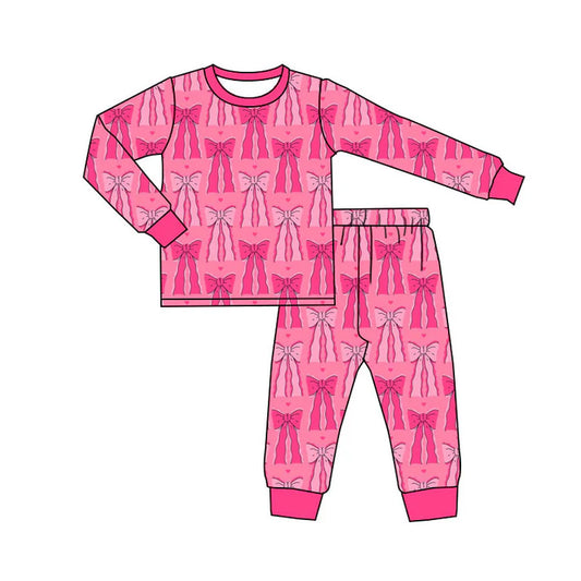 Preorder(moq 5) Baby Girls Hot Pink Bows Hearts Top Pants Valentine Pajamas Sets 10.4