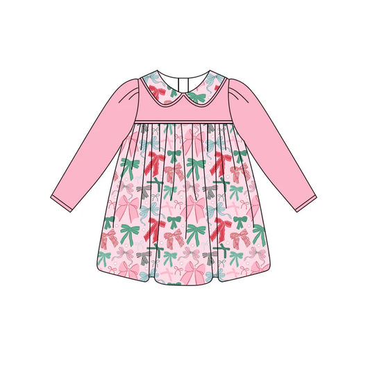 Preorder (moq 5)Baby Girls Pink Long Sleeves Colorful Bows Knee Length Dresses 5.27