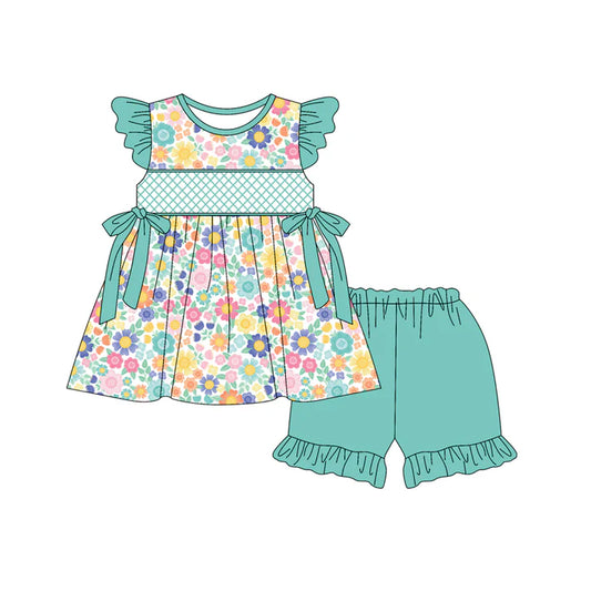 Preorder (moq 5)Baby Girls Green Flutter Sleeves Bows Colorful Floral Tunic Ruffle Short Set 5.15