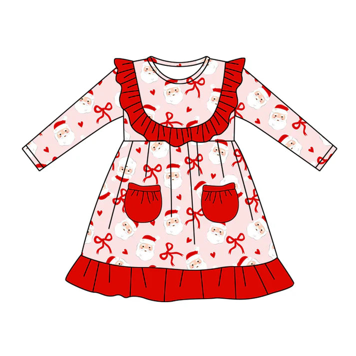 Preorder (moq 5)Baby Girls Red Long Sleeves Bows Santa Pockets Ruffle Knee Length Dresses 5.20
