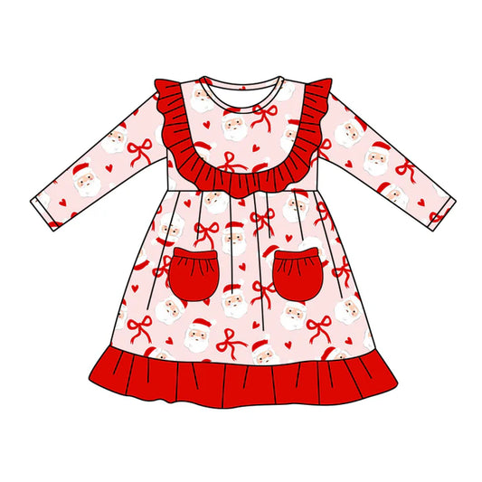 Preorder (moq 5)Baby Girls Red Long Sleeves Bows Santa Pockets Ruffle Knee Length Dresses 5.20