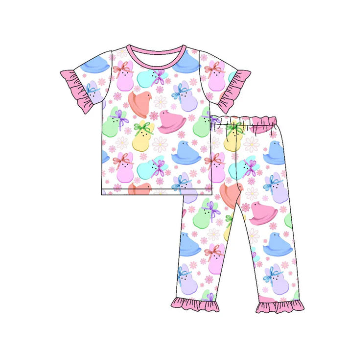 Preorder(moq 8)Baby Girls Colorful Rabbits Chicks Flowers Top Ruffle Pants Easter Pajamas Set 10.1
