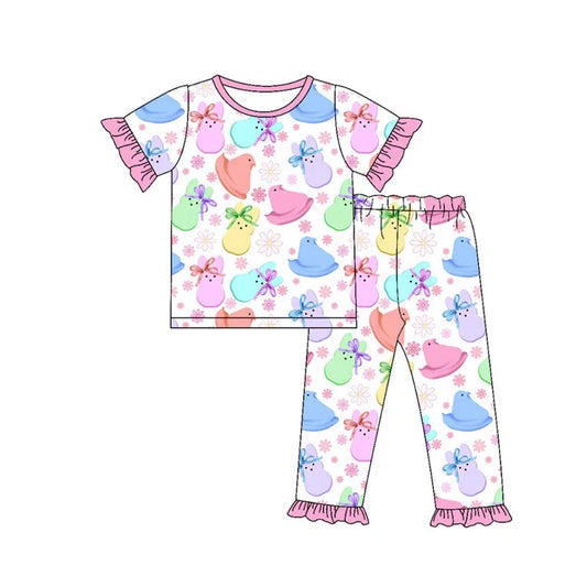 Preorder(moq 8)Baby Girls Colorful Rabbits Chicks Flowers Top Ruffle Pants Easter Pajamas Set 10.1