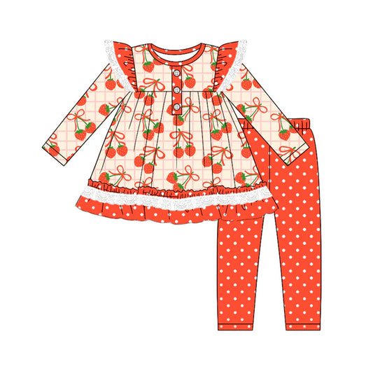Preorder (moq 5)Baby Girls Red Plaid Bows Strawberry Tunic Polka Dots Legging Pant Set 5.19