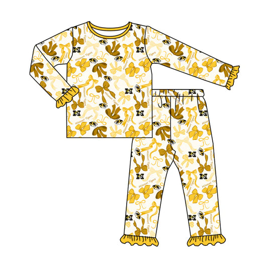 Preorder MOQ 5 Long sleeves M yellow bow kids girls team pajamas 8.25