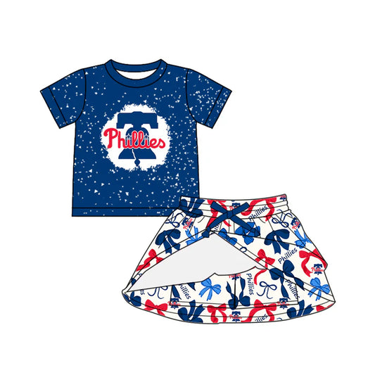 Preorder (moq 5)Baby Girls Blue Short Sleeves Phillies Top Bows Plaid Skorts Team Set 6.14