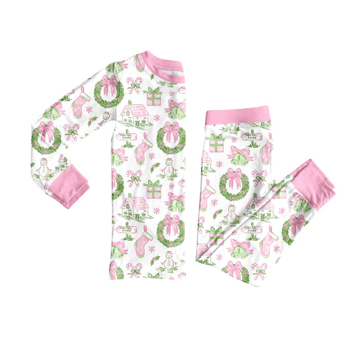 Preorder (moq 5)Baby Girls Long Sleeves Holly Bows Snowman Plaid Top Pants Pajamas Set 7.29