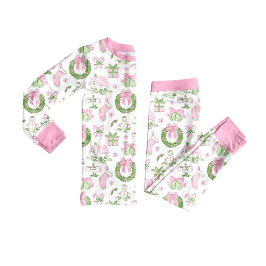 Preorder (moq 5)Baby Girls Long Sleeves Holly Bows Snowman Plaid Top Pants Pajamas Set 7.29