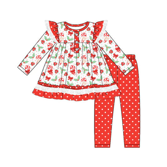 Preorder (moq 5)Baby Girls Long Sleeves Bows Candy Cane Button Tunic Polka Dots Legging Pant Set 6.21