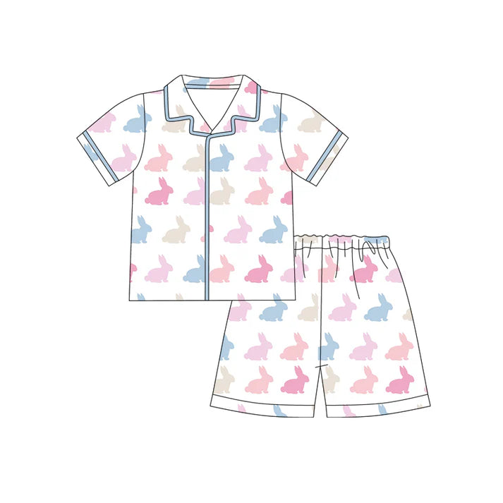 Preorder (moq 5)Baby Girls Colorful Rabbits Button Top Shorts Easter Pajamas Sets 12.12
