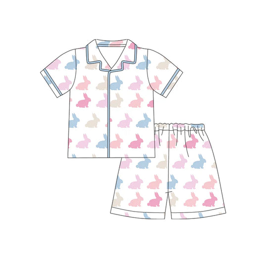Preorder (moq 5)Baby Girls Colorful Rabbits Button Top Shorts Easter Pajamas Sets 12.12