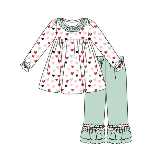 Preorder (moq 8)Baby Girls Long Sleeve Colorful Hearts Tunic Ruffle Pants Valentine Clothes Sets 9.19
