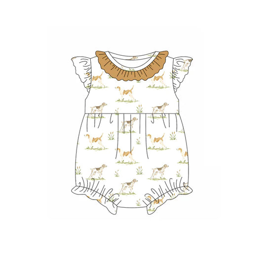 Preorder (moq 5)Baby Girls Khaki Flutter Sleeves Dogs Ruffle Rompers 4.24