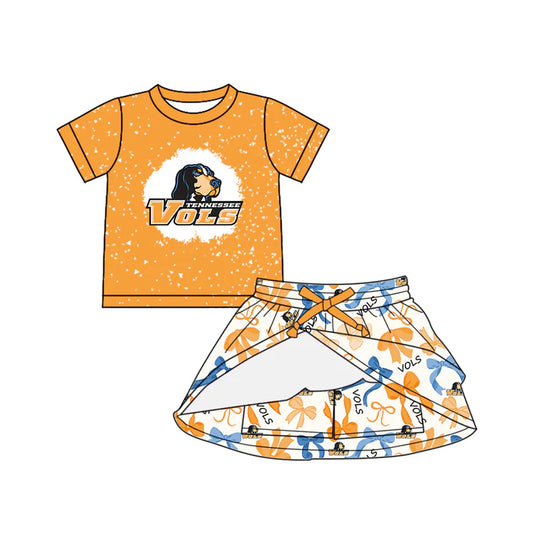 Preorder (moq 5)Baby Girls Yellow Short Sleeves Dogs Vols Top Bows Plaid Skorts Team Set 6.14