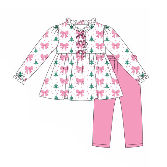 preorder(moq 5) Baby Girls Pink Bows Polka Dots Christmas Trees Tunic Legging Pants Set 7.25