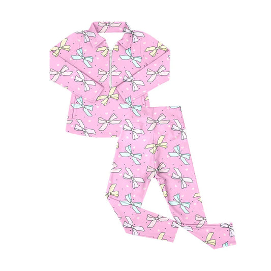 Preorder (moq 5)Baby Girls Pink Hearts Bows Zipper Pockets Pullover Leggings Pant Valentine Clothes Sets 9.6