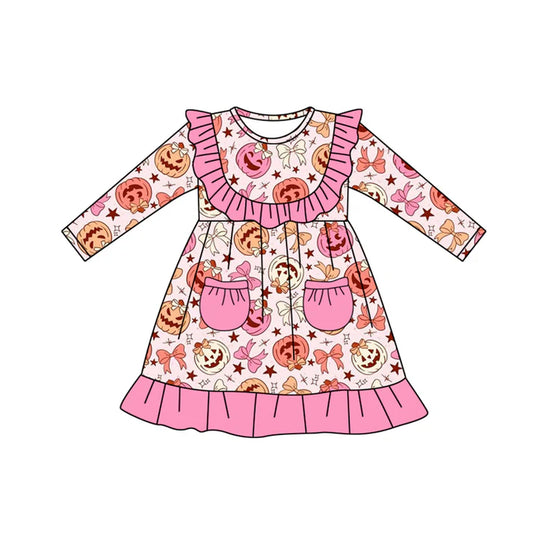 Preorder moq 5 Baby Girls Long Sleeves Pink Pockets Pumpkins Bows Knee Length Dresses 5.8