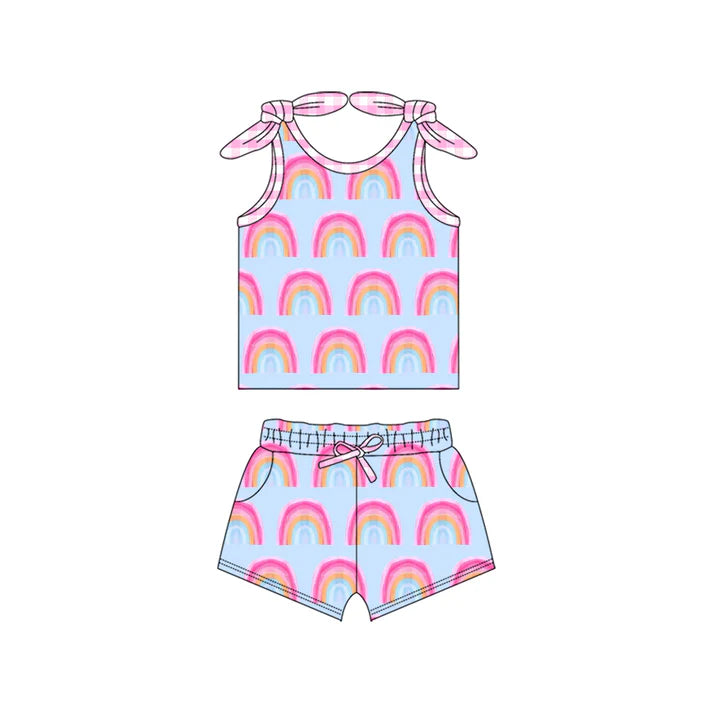 Preorder (moq 5)Baby Girls Pink Bows Strap Rainbows Top Pockets Short Set 5.15
