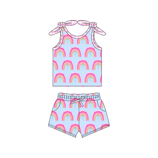 Preorder (moq 5)Baby Girls Pink Bows Strap Rainbows Top Pockets Short Set 5.15