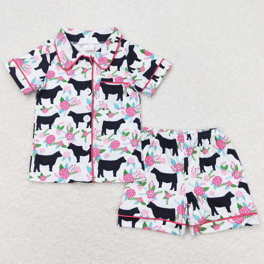 Baby Girls Pajamas Western Cows Pink Flowers Buttons Shirts Shorts Pajamas Sets GSSO0590