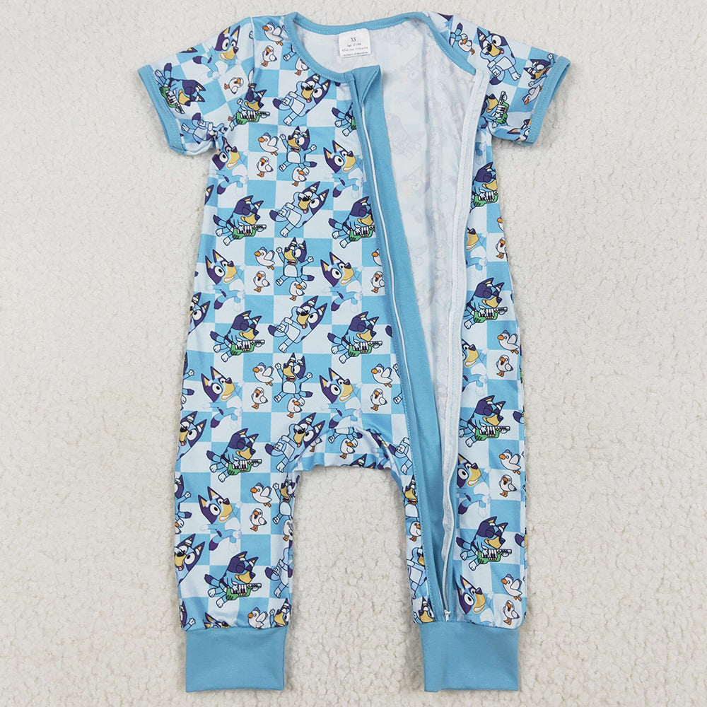 Baby Infant Boys Rompers Blue Checkered Dogs Short Sleeve Zip Rompers SR2454