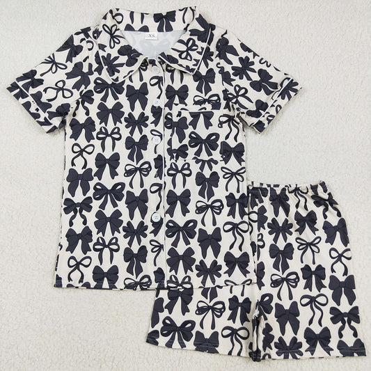 Adult Women Pajamas Short Sleeves Black Bows Button Pocket Top Short Pajamas Sets GSSO2664 7.18