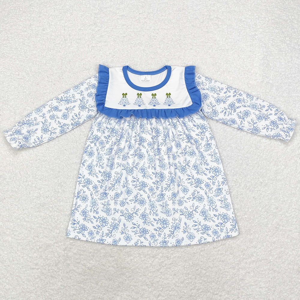 Baby Girls Dress Blue Flowers Christmas Trees Knee Length Dresses GLD0673