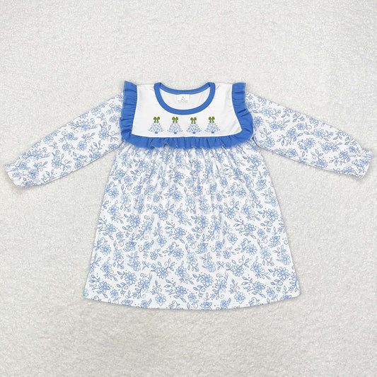 Baby Girls Dress Blue Flowers Christmas Trees Knee Length Dresses GLD0673