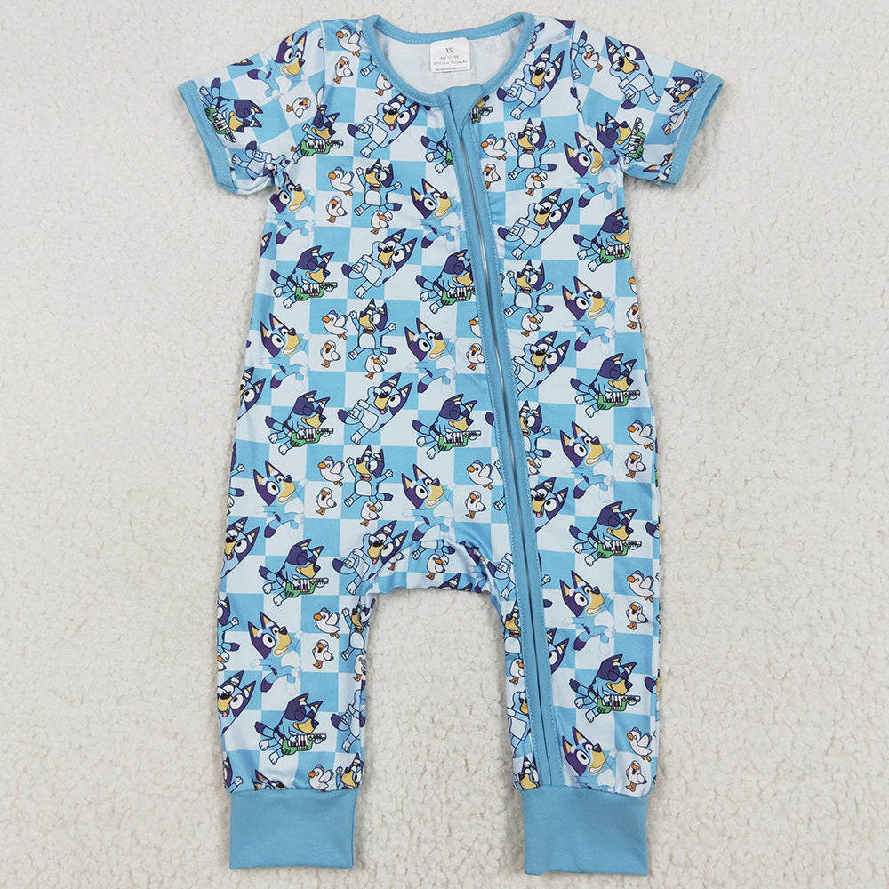 Baby Infant Boys Rompers Blue Checkered Dogs Short Sleeve Zip Rompers SR2454