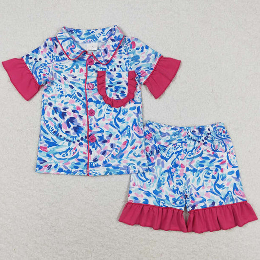 Hot Sale Baby Girls Pajamas Summer Ruffle Shirt Shorts Girls Sleepwear Sets GSSO1096