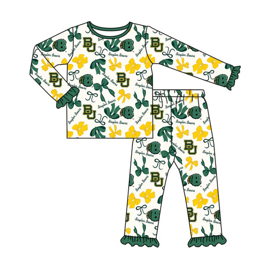 Preorder MOQ 5 Long sleeves B U green bows kids girls team pajamas 8.21